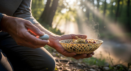 In a serene forest with beautiful sunbeams, a person's hands hold a woven basket of smudging herbs and a smooth river stone. This image represents spiritual practices like shamanism or pagan rituals, natural healing, and a deep connection with the earth.の素材