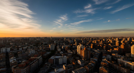 A wide, panoramic aerial view captures a sprawling cityscape under a beautiful sunset sky. The golden hour light illuminates the tops of countless buildings, creating long shadows and a warm atmosphere. This image represents urban life, the scale of a metropolis, and real estate.の素材
