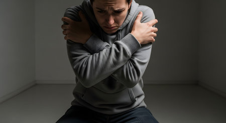 A distressed person wearing a grey hoodie sits alone in a stark, empty room, hugging themselves tightly in a defensive posture. The dramatic, low-key lighting emphasizes feelings of fear, anxiety, depression, and social isolation, representing a mental health crisis.の素材