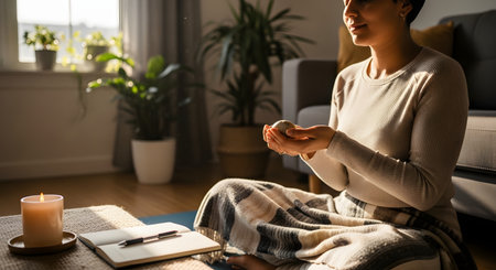 A calm woman sits cross-legged on the floor, meditating in a peaceful, sunlit room filled with houseplants. She holds a smooth stone in her cupped hands, practicing mindfulness and self-care with a candle and journal nearby.の素材