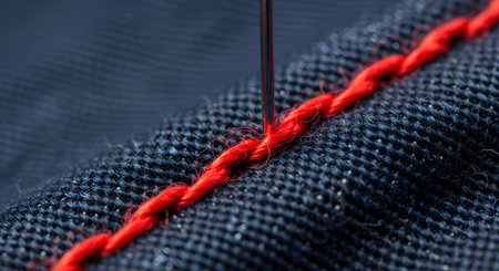 An extreme close-up, macro shot shows a sewing machine needle in motion, creating a stitch with thick red thread on dark blue denim fabric. The image highlights the precision of tailoring and the detailed texture of textiles and stitching.の素材