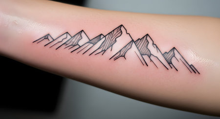 A close-up photograph of a fresh, minimalist line-art tattoo depicting a mountain range on a person's inner forearm. The clean black lines and simple shading create a modern and stylish piece of body art. The tattoo symbolizes a love for nature, adventure, and the outdoors.の素材