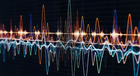 A dynamic and colorful digital audio waveform is displayed on a dark screen. The complex overlapping waves represent sound frequencies, voice analysis, or a music equalizer, symbolizing audio technology and data visualization.の素材