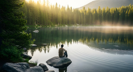A lone man sits peacefully on a large rock at the edge of a serene, misty lake, surrounded by a dense pine forest. The early morning sun casts golden rays of light through the trees, creating a tranquil and contemplative atmosphere. The image evokes feelings of solitude, mindfulness, and a deep connection with nature.の素材