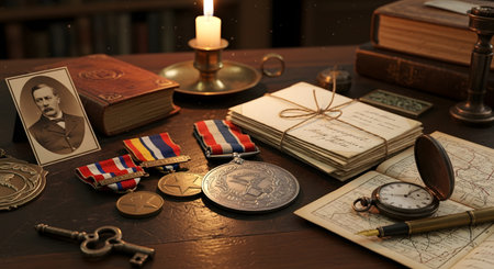 A nostalgic, candlelit desk displays a collection of historical and personal mementos, including old war medals, a bundle of letters tied with string, a sepia-toned portrait of a man, and a vintage pocket watch. The scene evokes themes of history, memory, ancestry, and storytelling.の素材