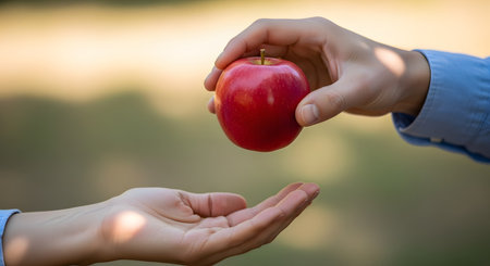 A close-up shot of one person's hand offering a fresh, red apple to another person's cupped hand. This simple gesture can symbolize giving, sharing, health, knowledge, kindness, or even temptation.の素材