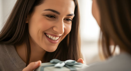A close-up of a beautiful woman with a genuinely happy and grateful smile as she receives a small, elegantly wrapped gift box. The moment captures the joy of giving and receiving, celebrating a special occasion like a birthday or anniversary.の素材