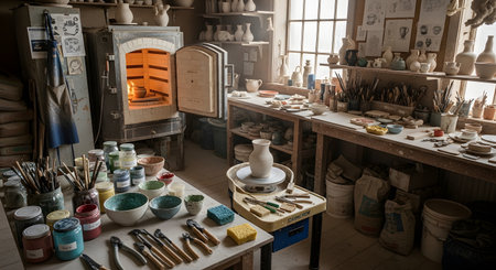 An authentic and atmospheric pottery studio is filled with the tools and creations of a ceramic artist. The rustic workshop features a glowing kiln, shelves packed with pottery, and tables covered with glazes, brushes, and clay, capturing the essence of a traditional craft.の素材