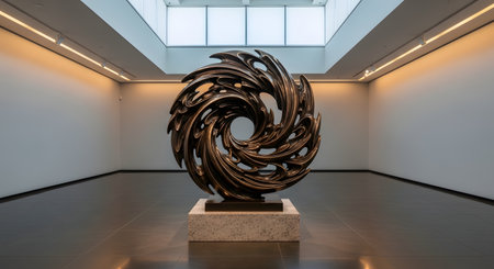 A large, dark metal sculpture with a dynamic, swirling vortex design stands on a pedestal in the center of a spacious, minimalist art gallery. The clean architecture and focused lighting create a contemplative space for appreciating contemporary art.の素材
