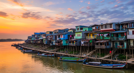 A vibrant fishing village comes to life at sunset, with a long row of colorful houses built on stilts along the riverbank. Small wooden boats are moored in the calm water, reflecting the warm glow of the evening sky. This picturesque scene captures the unique architecture and tranquil lifestyle of a riverside community.の素材