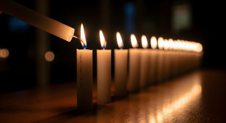 In a dark room, a taper candle is used to light the first of a long, receding row of white candles, initiating a chain reaction of spreading light. The warm glow of the flames reflects on the wooden surface, creating a peaceful and hopeful atmosphere. The image symbolizes the spread of hope, knowledge, remembrance, or a chain reaction.の素材