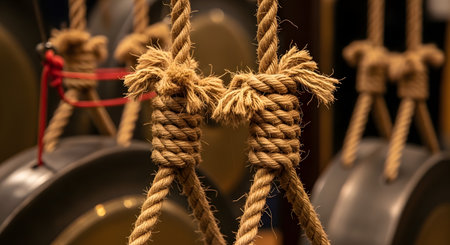 A detailed close-up shot focuses on two thick ropes tied together with strong, complex knots. In the blurred background, traditional bronze gongs are visible, suggesting a cultural or nautical setting where strength and connection are important.の素材