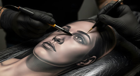 An extreme close-up shot captures the incredible skill of a tattoo artist as they work on a hyper-realistic portrait of a beautiful woman. The artist's gloved hands precisely wield two tattoo machines to create fine details and smooth shading. This image highlights the artistry, precision, and craftsmanship of modern tattooing.の素材