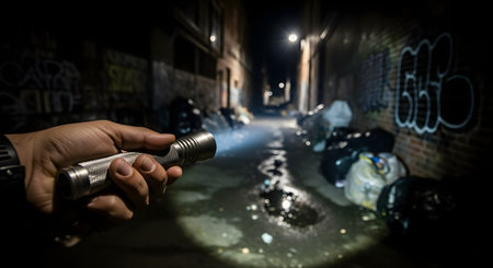From a first-person perspective, a hand holds a metal flashlight, casting a beam of light down a dark, grimy city alleyway at night. The alley is filled with trash bags and graffiti, creating a scene of suspense, investigation, or danger.の素材