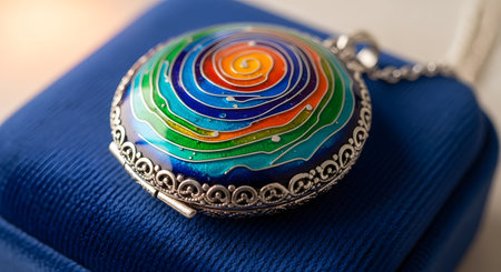 A close-up shot of a beautiful silver locket resting on a blue jewelry box, featuring an intricate, colorful enamel design with a swirling pattern. The handcrafted piece of jewelry showcases detailed metalwork and vibrant colors, representing artistry and personal keepsakes.の素材