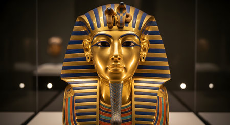 A close-up, frontal photograph of the iconic golden funeral mask of the Egyptian pharaoh Tutankhamun. Displayed in a museum, the magnificent artifact of gold and lapis lazuli represents the wealth and artistry of ancient Egypt.の素材