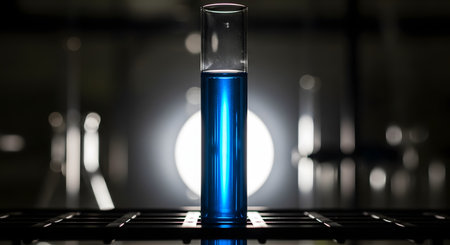 A single glass test tube containing a vibrant, glowing blue liquid stands in a rack, dramatically backlit in a dark laboratory. The strong backlighting creates a striking silhouette and highlights the mysterious, luminescent chemical. This image symbolizes scientific discovery, a breakthrough, a cure, or a dangerous substance.の素材