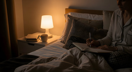 A woman in pajamas sits comfortably in her bed at night, writing in a journal by the warm glow of a bedside lamp. This cozy and peaceful scene represents mindfulness, self-care, and the relaxing evening routine of journaling before sleep.の素材