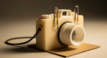 A creative and whimsical sculpture of a camera, ingeniously crafted from a bar of soap and other everyday items like a bottle cap lens, paper clips, and a rubber band. This piece of handmade art represents creativity, ingenuity, and upcycling.の素材
