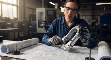 A focused female engineer, wearing safety glasses, meticulously inspects a complex machined metal part in a workshop. She compares the component to detailed blueprints spread on her desk, representing quality control, precision engineering, and skilled manufacturing.の素材