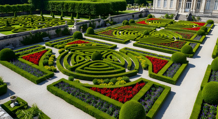 An aerial view of a stunning formal garden, meticulously designed with intricate geometric patterns of boxwood hedges, known as a parterre. The beds are filled with vibrant red, yellow, and purple flowers, set against gravel paths and a large chateau in the background, representing classical landscape architecture and horticultural artistry.の素材