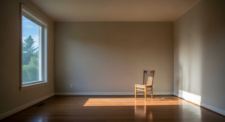 A single wooden chair sits alone in a patch of sunlight in an otherwise empty room with hardwood floors and neutral-colored walls. The minimalist scene evokes feelings of loneliness, solitude, waiting, or the potential of a new beginning.の素材