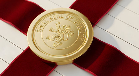 A close-up of a shiny golden seal with the words 'Final Seal of Quality' and a lion emblem, affixed to a document with a red ribbon. This image symbolizes official certification, a guarantee of excellence, high standards, and prestigious awards.の素材