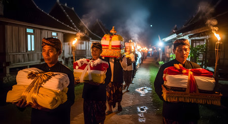 A group of Indonesian men in traditional dress carries ornate offerings in a solemn procession through a village at night. The path is lit by the warm glow of handheld torches, highlighting a rich cultural or religious ceremony of the Sasak people.の素材