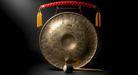 A traditional Chinese tam-tam gong, featuring ornate dragon engravings, hangs from a red braided cord against a dark background. A mallet rests in front, ready to strike the percussion instrument to create a deep, resonant sound.の素材