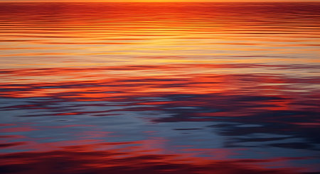 An abstract close-up of the water's surface at sunset, with gentle ripples reflecting the vibrant colors of the sky. The interplay of deep oranges, reds, and blues creates a beautiful and tranquil natural pattern, perfect for a serene background.の素材
