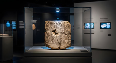 A fragmented ancient Egyptian stone tablet, covered in carved hieroglyphics, is professionally displayed in a glass case within a modern museum. The artifact is spotlit from above, highlighting its historical significance and preserving it for study and exhibition.の素材