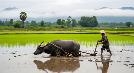 A farmer wearing a traditional conical hat guides a water buffalo to plow a flooded rice paddy in preparation for planting. This timeless scene of traditional agriculture takes place in a lush, green landscape with misty mountains in the background. The image captures the hard work and enduring methods of farming in rural Southeast Asia.の素材