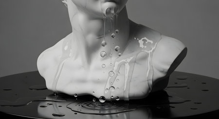 A surreal black and white image of a classical marble bust with a thick, clear liquid dripping from its mouth and down its form. The viscous fluid creates artistic droplets and ripples on the surface below, blending classical sculpture with a modern, abstract concept.の素材