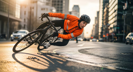 A dynamic action shot of a professional cyclist leaning into a sharp turn on a city street during golden hour. The low angle and sense of motion capture the speed, skill, and intensity of urban cycling and bike racing.の素材