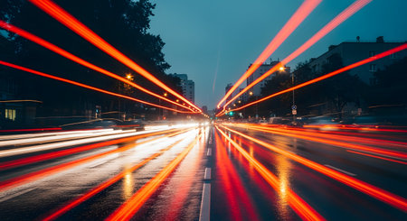 A dynamic long-exposure photograph captures the vibrant light trails of traffic on a wet city street at night. Red and white streaks of light create a sense of speed and motion, reflecting off the slick asphalt under a dark blue urban sky.の素材