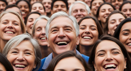A joyful senior man with gray hair is the focal point in a large, happy crowd of diverse people, all smiling and laughing. His upward gaze and wide smile convey pure happiness, positivity, and standing out in a community.の素材