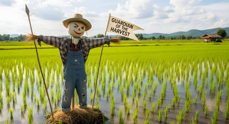 A cheerful scarecrow, complete with a straw hat and overalls, stands proudly in a vibrant green rice paddy field under a partly cloudy sky. It holds a flag that reads 'Guardian of the Harvest,' symbolizing protection, agriculture, and the bounty of a rural farm.の素材