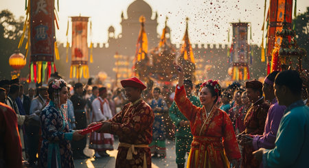 A joyous and vibrant scene from a Chinese New Year festival, with people in colorful traditional clothing celebrating in the street. Confetti fills the air as participants dance and exchange greetings, with historic Chinese architecture in the background creating a festive atmosphere.の素材