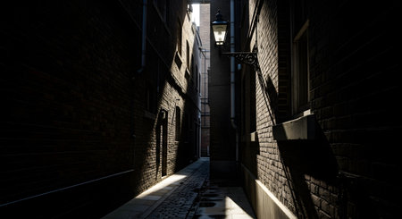 A moody and atmospheric view down a narrow, dark alleyway between old brick buildings. A single vintage street lamp casts long shadows, illuminating a sliver of the wet cobblestone path below.の素材