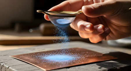 In a sunlit workshop, a crafter's hand holds a small brass sieve, delicately sifting a fine, vibrant blue powder onto a flat copper plate. This artistic process could be enameling, jewelry making, or another form of meticulous craft, highlighting precision and creativity.の素材