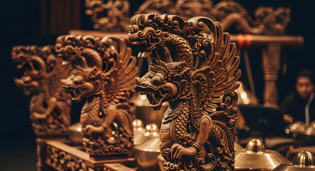 A close-up, selective focus on an exceptionally detailed wood carving of a mythological creature, like a Garuda or dragon, which adorns a Balinese gamelan instrument. The craftsmanship is evident in every scale and feather of the traditional sculpture. The warm, moody lighting emphasizes the rich cultural heritage and artistry of Bali.の素材