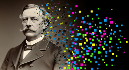 A conceptual artwork merging a vintage sepia portrait of a man with a modern digital effect. The right side of the image deconstructs into a stream of vibrant, multi-colored square pixels, symbolizing the digital transformation, the shift from analog to digital, and the concept of data and history in the modern era.の素材