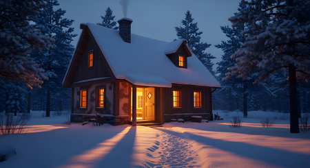 A charming wooden cabin with warm, glowing windows sits peacefully in a snow-covered forest at dusk. A footprint path leads to the welcoming, lit doorway, creating a cozy and magical winter scene reminiscent of a holiday retreat.の素材