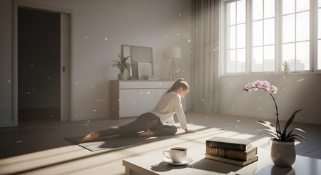 A woman is engaged in a gentle yoga stretch on a mat in a minimalist, serene room bathed in warm morning sunlight. Floating dust particles in the sunbeams enhance the peaceful and mindful atmosphere, promoting concepts of wellness, relaxation, and self-care at home.の素材
