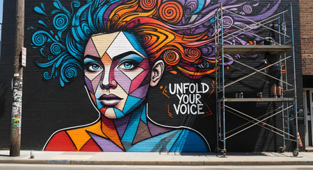 A large, colorful street art mural of a woman's face in a geometric style is painted on a black brick wall, with an artist on scaffolding nearby. The artwork, featuring vibrant, flowing hair and the words 'Unfold Your Voice,' conveys a message of empowerment and creativity.の素材