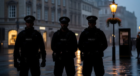Three British police officers stand in a formidable line on a wet city street at dusk, their silhouettes framed against the ambient light. Dressed in full uniform, they present an image of authority, security, and vigilance during their patrol.の素材