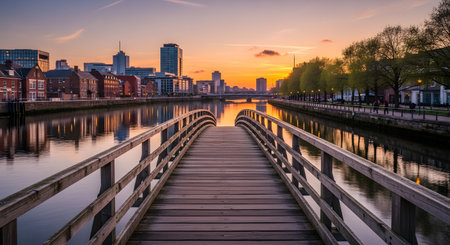 A picturesque view from a wooden footbridge looking over a calm river towards a city skyline during a beautiful golden sunset. The warm light and reflections on the water create a peaceful and scenic urban landscape.の素材
