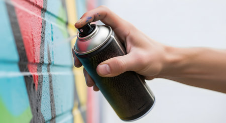 A close-up of a graffiti artist's hand holding a black aerosol can and spraying paint onto a colorful mural on a brick wall. The image captures the moment of creation in street art, with focus on the nozzle and spray.の素材