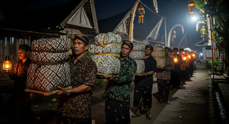 A solemn nighttime procession in a traditional Indonesian village, where men in batik shirts and headwear carry large, decorated offerings. The path is lit by lanterns, creating an atmospheric scene rich with cultural significance, community, and ancient ritual.の素材