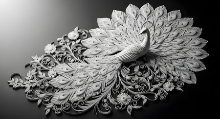 An intricate and elegant peacock created from white paper using the art of quilling, set against a dark, contrasting background. The detailed craftsmanship is visible in the swirling feathers and delicate floral patterns, showcasing patience and artistry in a monochrome style.の素材